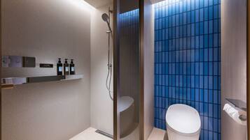 Shower, hair dryer, slippers, towels