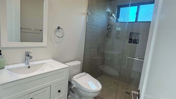 Shower, hair dryer, towels, shampoo