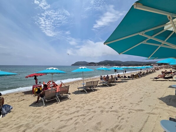 Une plage bordée de rangées de transats et de parasols, un ciel dégagé et une vue lointaine sur des collines.