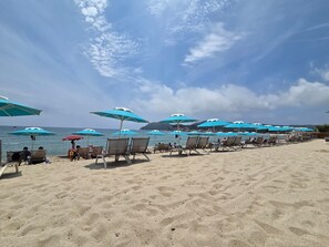 Una playa con filas de tumbonas y sombrillas, cielo despejado y el océano al fondo.