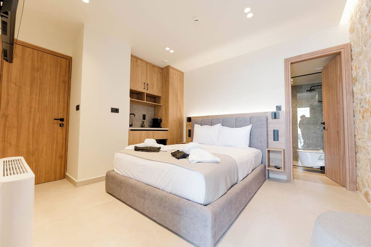 A modern bedroom with a large bed, built-in wooden cabinets, a small kitchenette, and a bathroom with a glass shower.