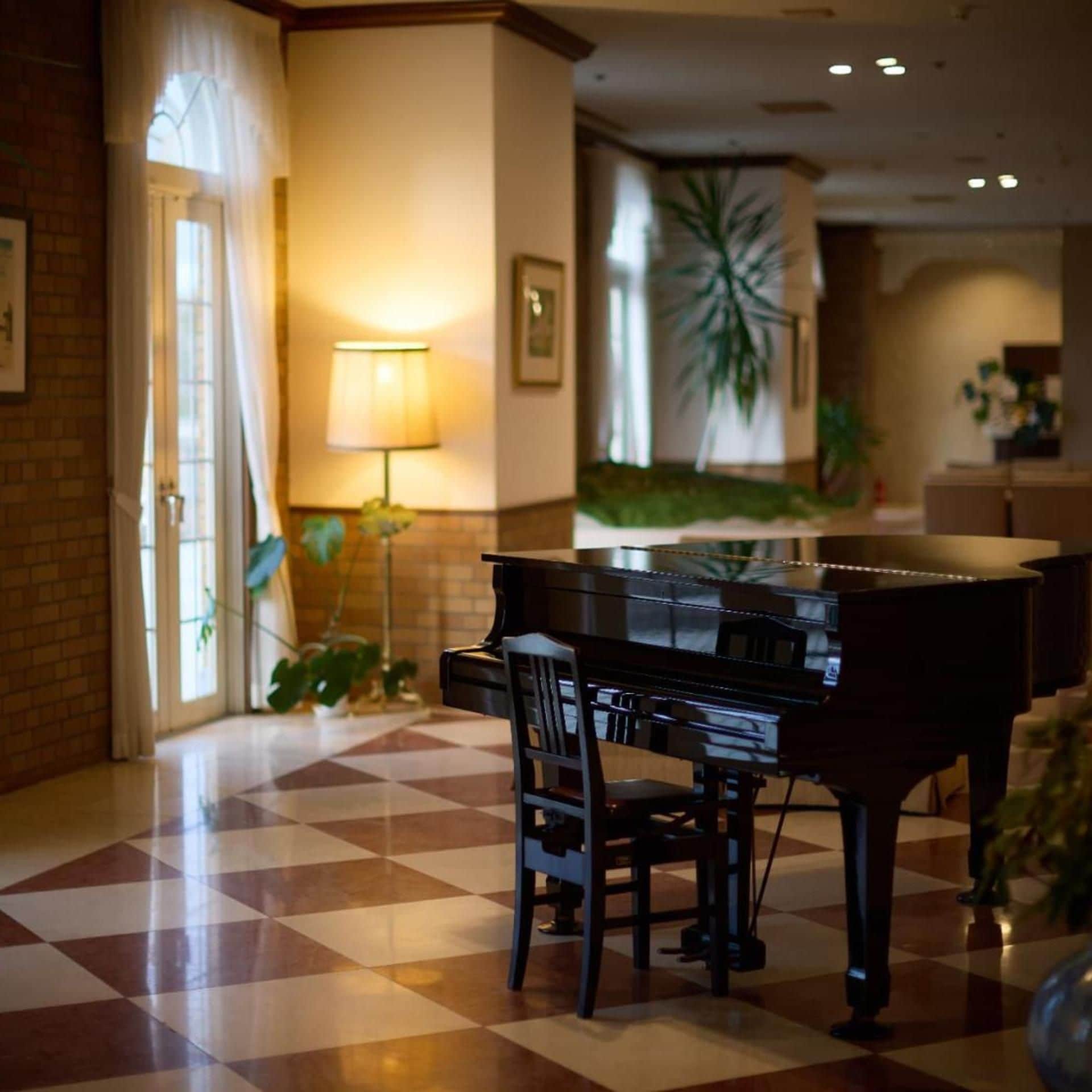 Un piano de cola en una habitación luminosa, con suelo a cuadros, una lámpara y una planta grande al fondo.