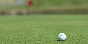 A golf ball on a well-maintained grass surface, likely a golf course.