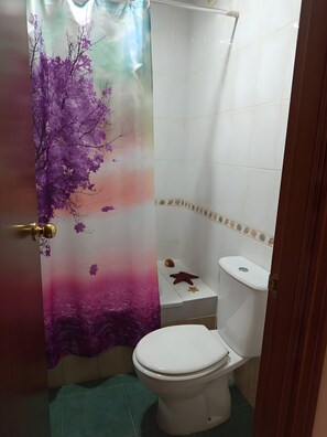 Un bagno con il water, una tenda da doccia con motivo floreale e pavimento piastrellato.