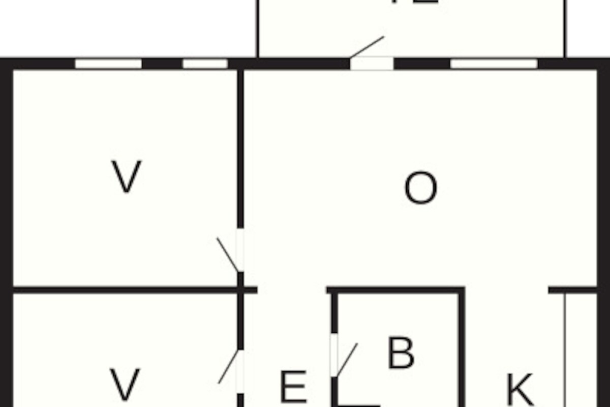 Ein Grundriss mit beschrifteten Räumen: TE, V, O, B, E und K.