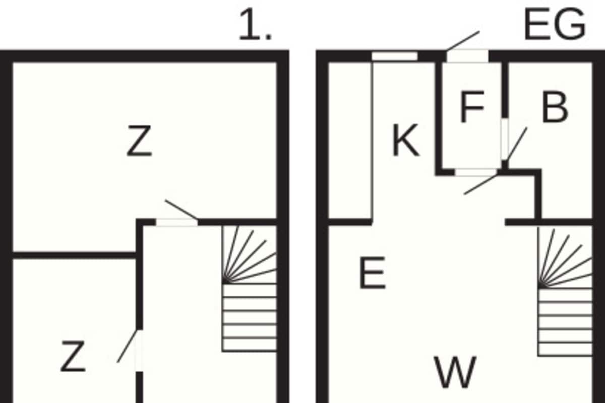 Zwei Grundrisse mit beschrifteten Räumen: Z, K, E, W, TE und BG.
