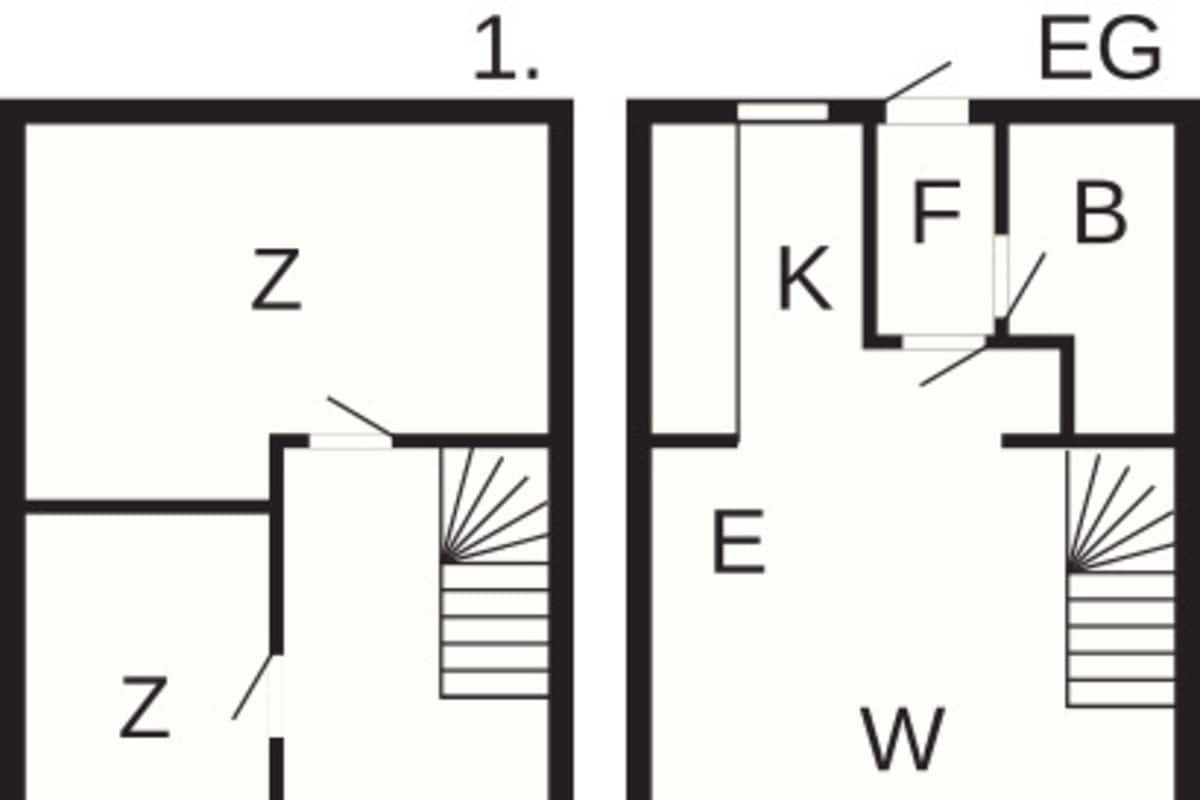 Two floor plans with labeled rooms Z, K, E, W, TE, and BG.