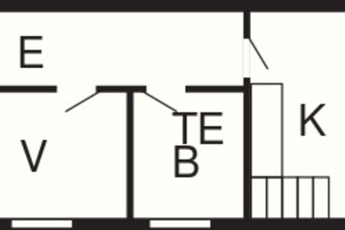 A floor plan with labeled rooms V, E, B, K, and O.
