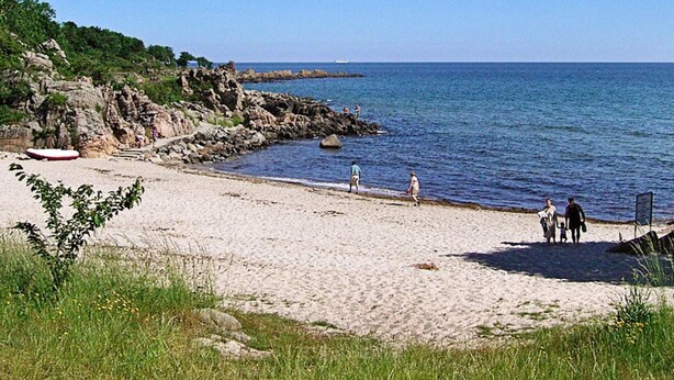 Una playa con terreno rocoso, una orilla de arena y un mar tranquilo.