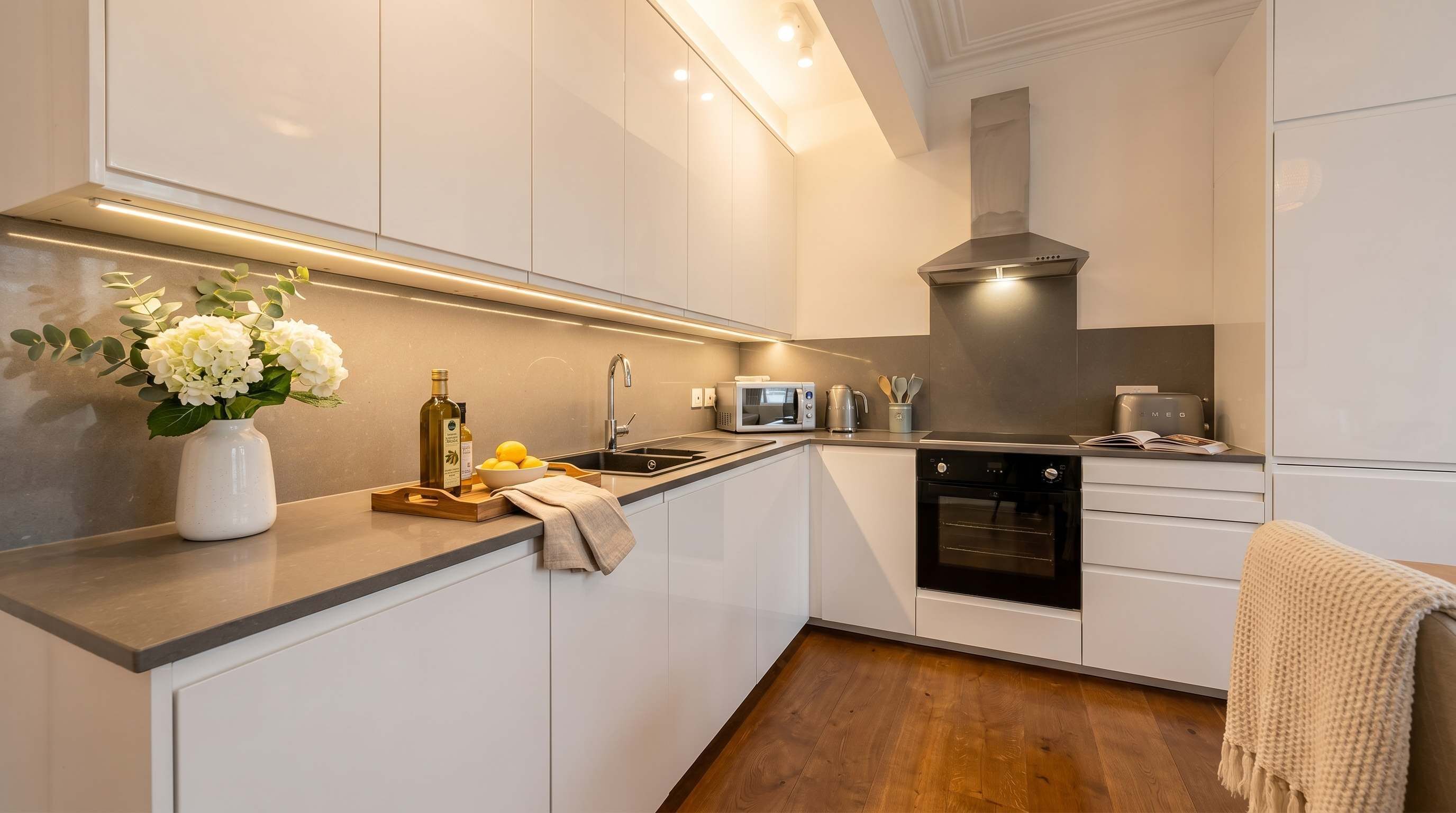 Coffee/tea maker, fridge, microwave, oven