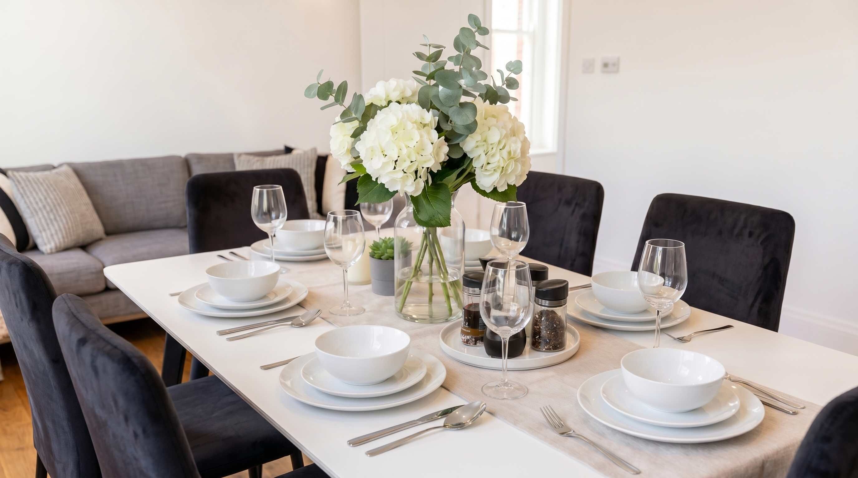 Ein Esstisch, gedeckt mit weißen Tellern, Schüsseln und Besteck, eine Vase mit weißen Blumen und ein Glasgefäß mit grünen Blättern.