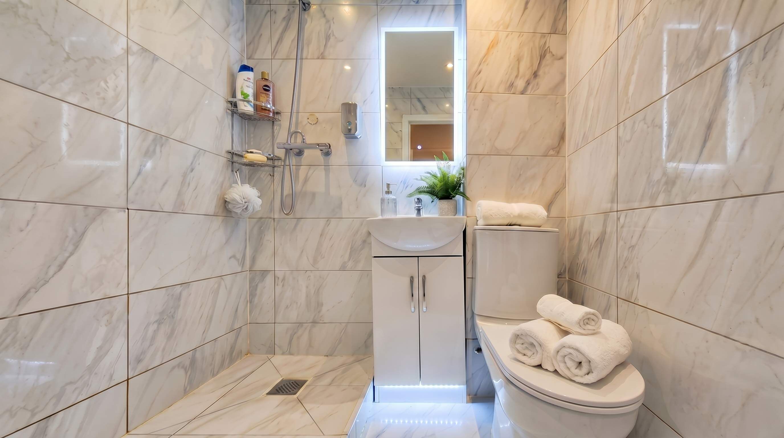 Shower, hair dryer, towels, shampoo