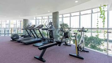 A gym with treadmills, ellipticals, and a stationary bike, large windows, and indoor plants.