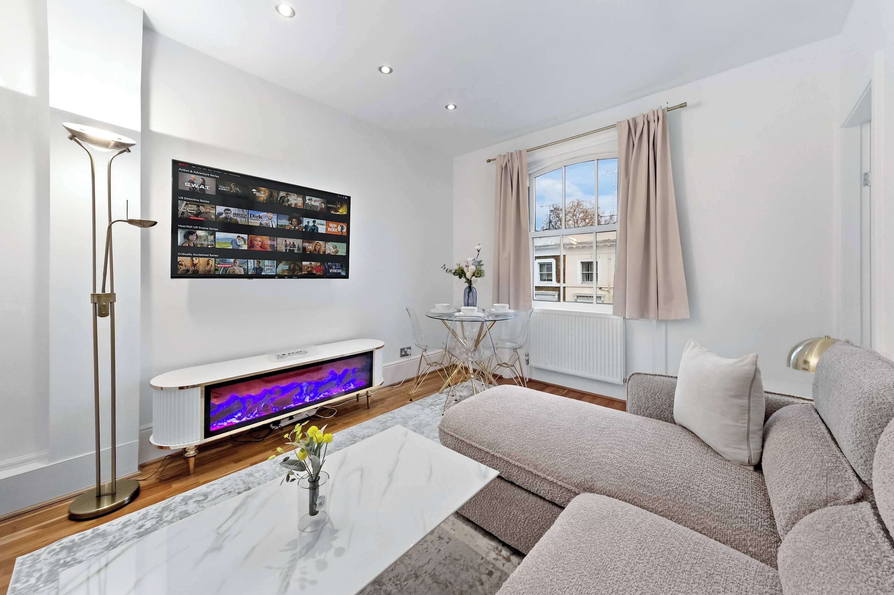TV, fireplace, offices