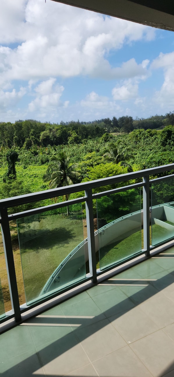 Barandilla de cristal con vistas a un paisaje verde exuberante y cielo despejado.