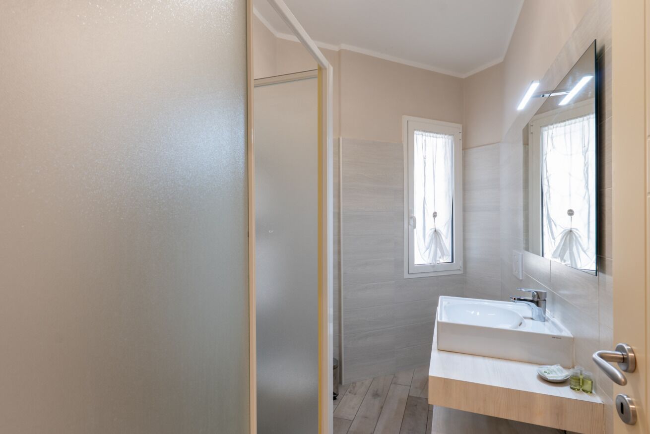 A modern bathroom with a shower, a sink, and a mirror.