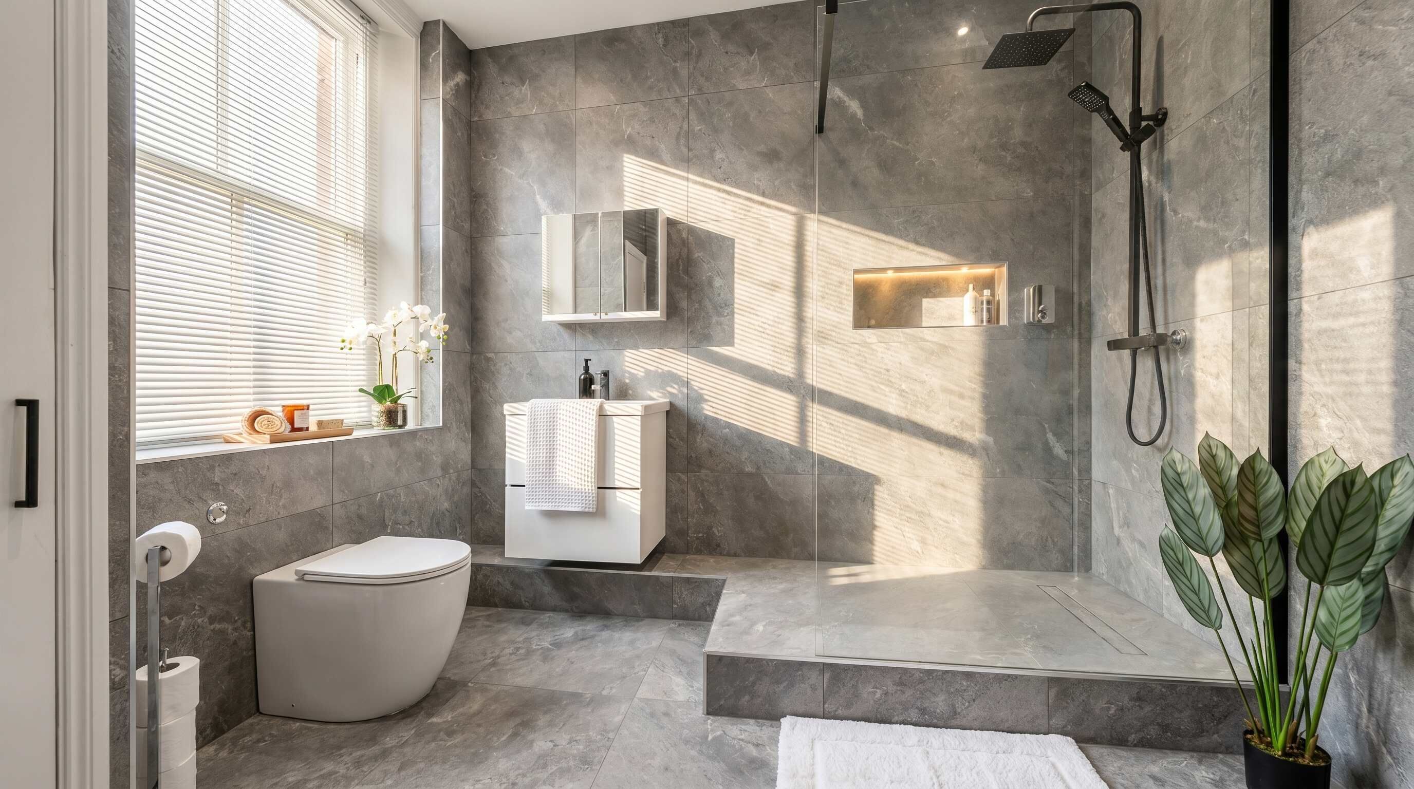 Dusche, Haartrockner, Handtücher, Shampoo