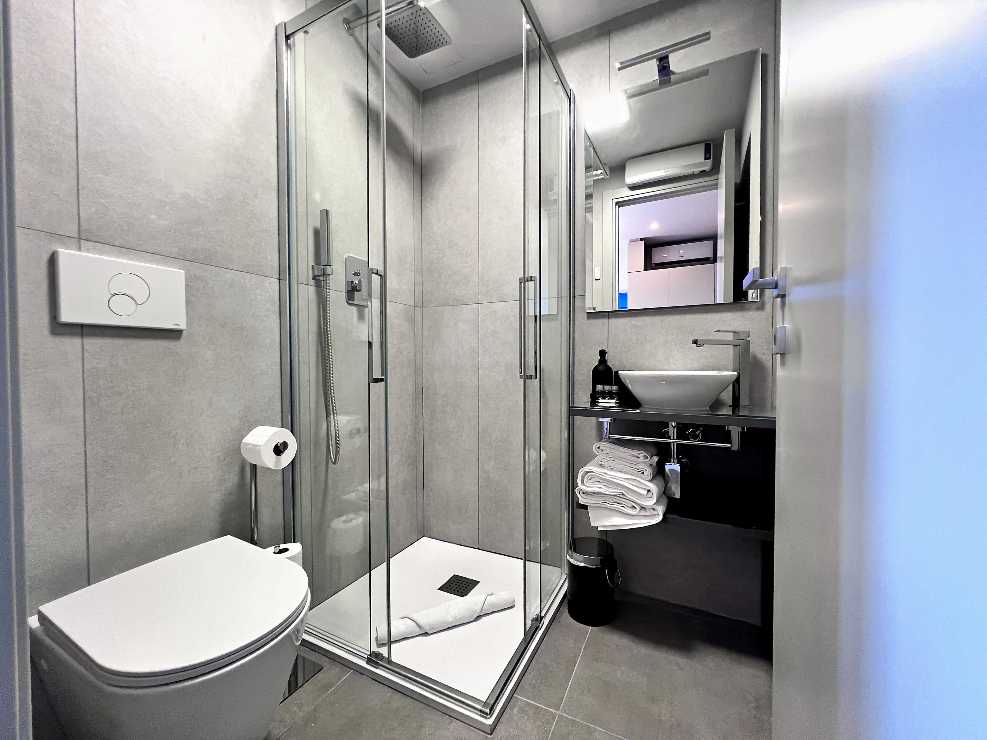 A modern bathroom with a glass-enclosed shower, a toilet, a sink with a large basin, and a mirror above the sink.