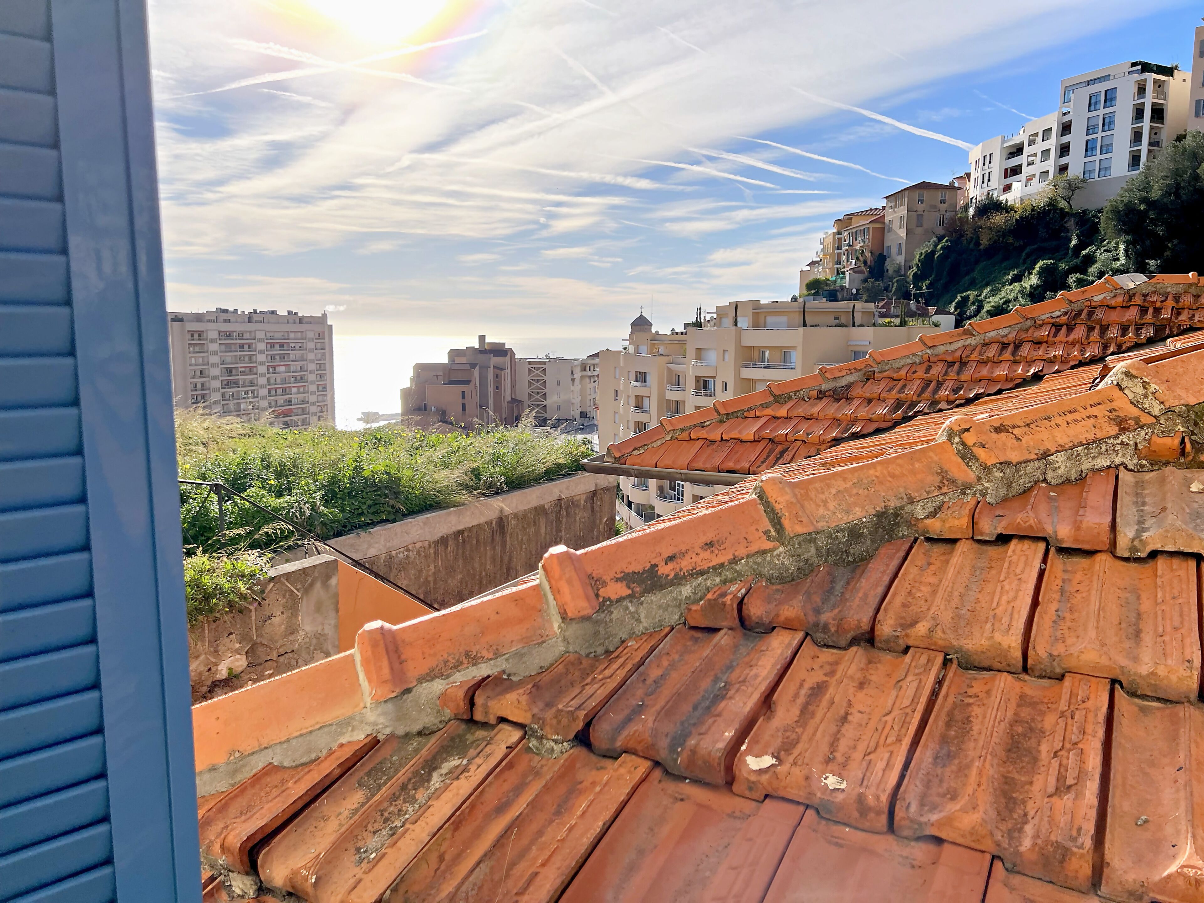 On aperçoit des tuiles en terre cuite, un mur de soutènement en béton et des bâtiments en arrière-plan.