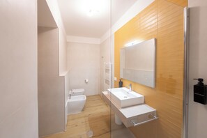 Une salle de bain moderne équipée d’un bidet, d’un lavabo et d’un miroir.