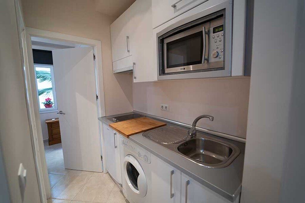 Une cuisine compacte équipée d’un lave-linge, d’un four à micro-ondes et d’un évier.