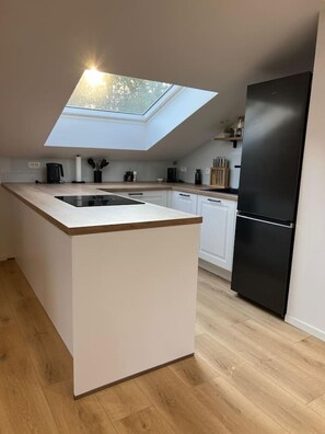 A modern kitchen with a skylight, a black refrigerator, and wooden flooring. - Charming Alpine Apartment with Sauna (Kobarid)