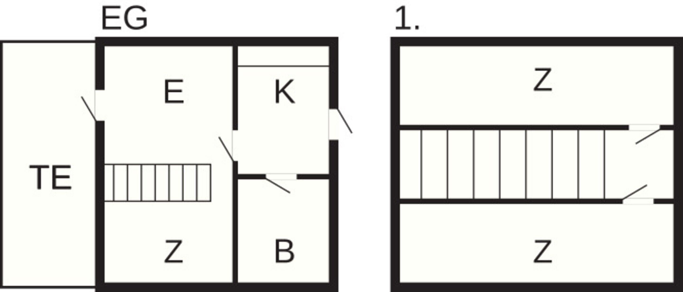 Ein Grundriss mit den beschrifteten Räumen EG, TE, Z, E, K und B.