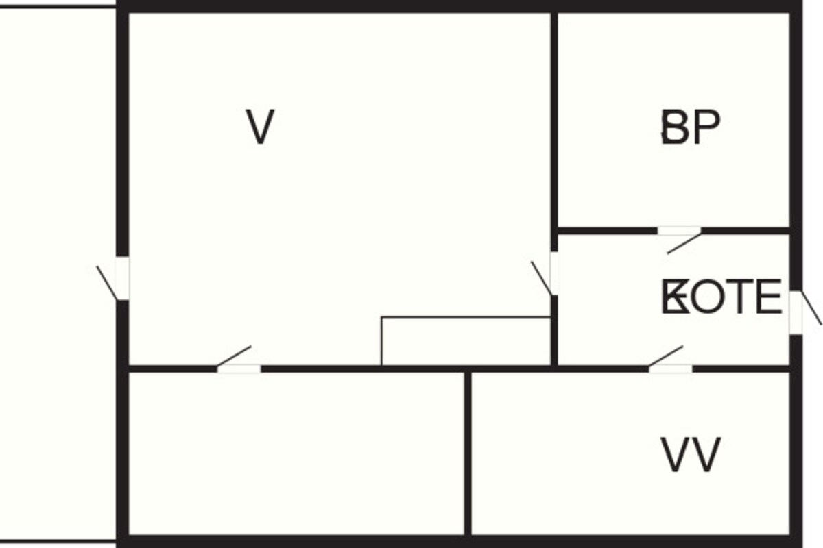 A floor plan with labeled rooms: V, BP, KOTE, and VV.