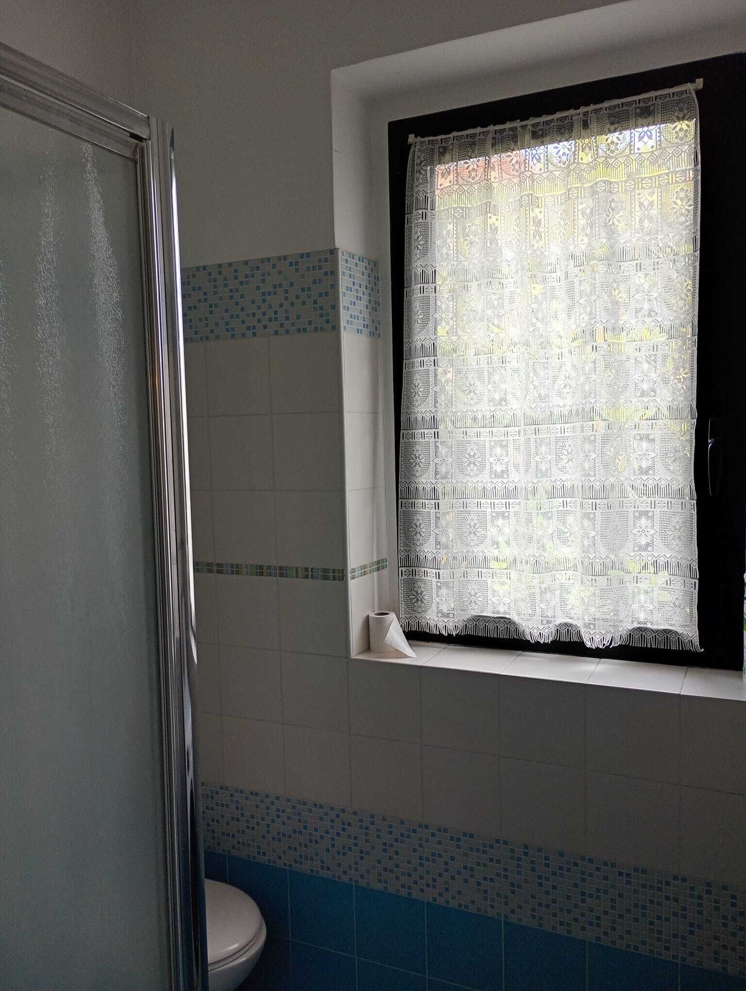 Een badkamer met douche, toilet en een raam met een gordijn met patroon.