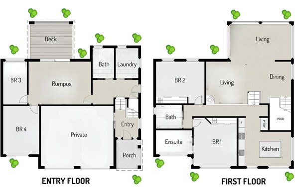 Two floor plans of a hotel with labeled rooms including a deck, private area, bathroom, laundry, living room, dining area, kitchen, and entry/first floor. - “Surfer's Abode” – minutes to the Beach (Avoca Beach)