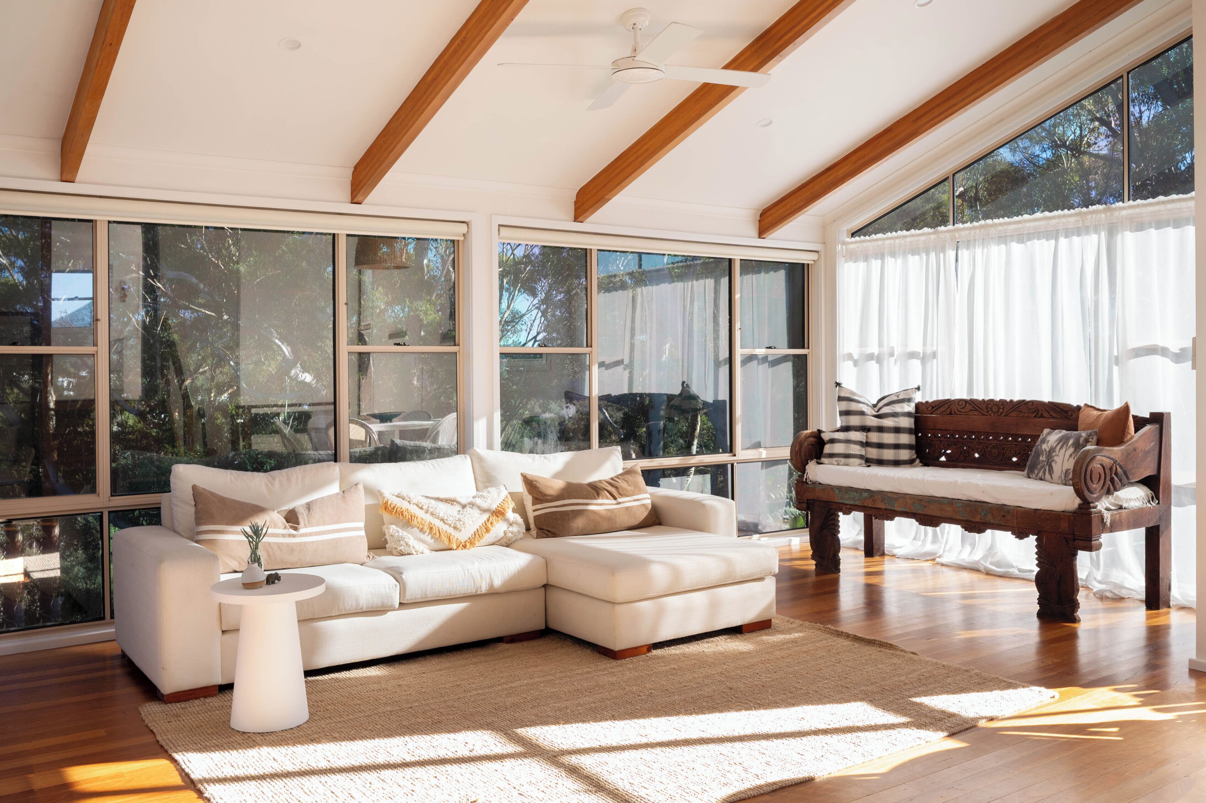 TV, fireplace, books