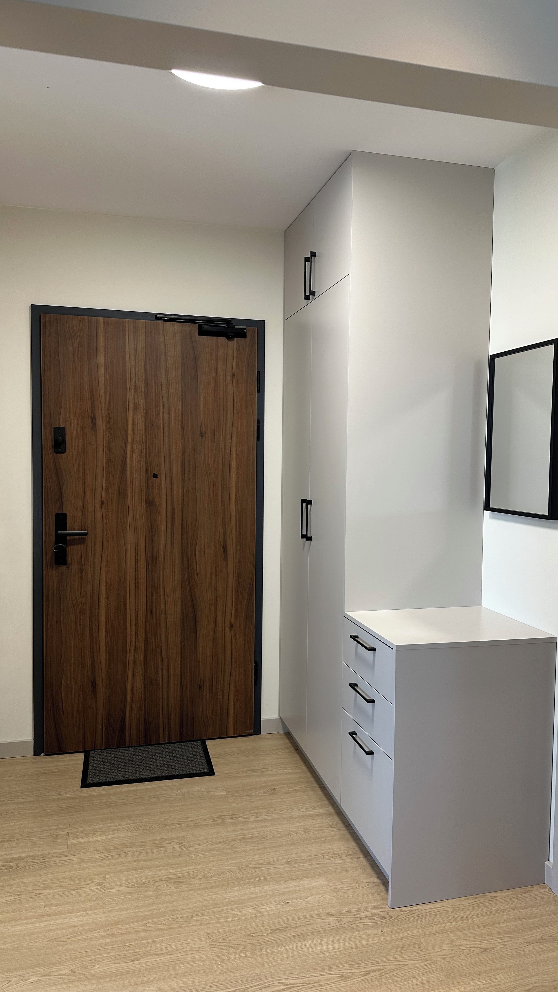 Una habitación con puerta de madera, armarios blancos y un espejo pequeño en la pared.