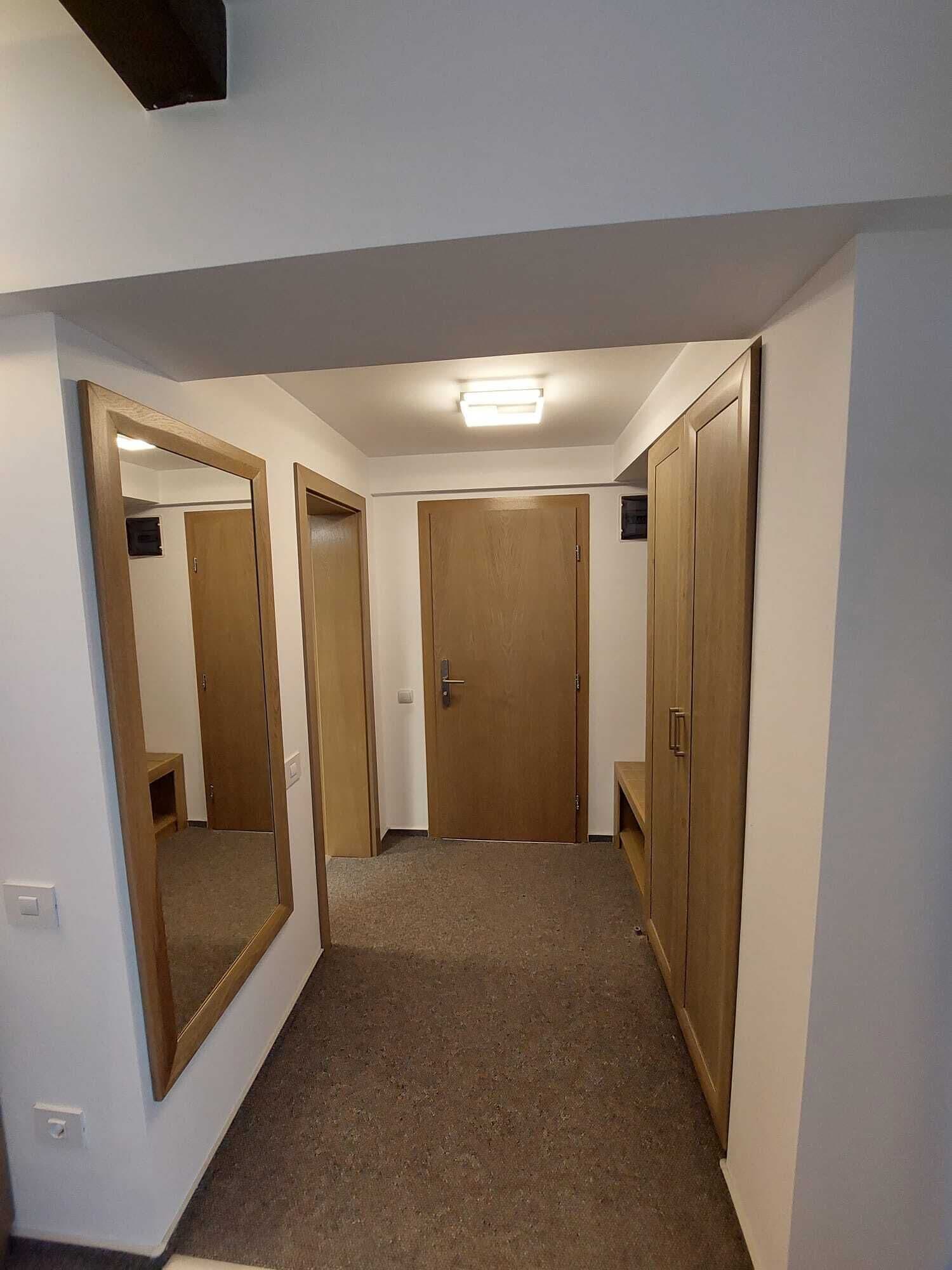 A hallway with carpeted floors, wooden doors, and a ceiling light fixture.