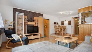 A modern living room with a sofa, TV, wooden cabinets, and a dining area.