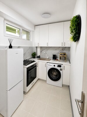 Estúdio superluxo, 1 cama Queen, para não fumantes | Cozinha privada | Geladeira grande, fogão, cooktop, talheres/pratos/utensílios de cozinha