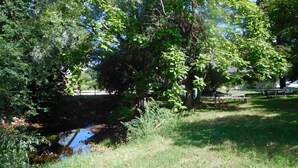 A park with a small stream, trees, and picnic tables.