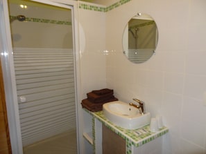 Une salle de bain avec une douche, un lavabo avec un miroir et un porte-serviettes.