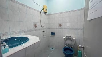 Shower, towels, soap, shampoo
