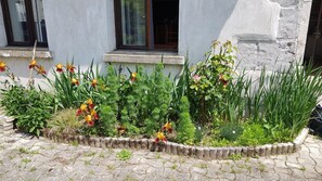 Un jardin avec différentes plantes et fleurs, un chemin de pierres et un bâtiment doté de fenêtres et d’une porte.