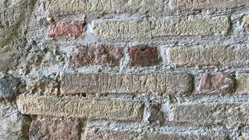 Primer plano de una pared de ladrillo con lechos de mortero visibles y algo de decoloración.