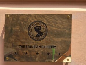 A plaque with a circular emblem and the text 'THE ETRURIAN RAPSOY' on a wooden surface. - THE ETRURIAN RAPSODY (Roma)