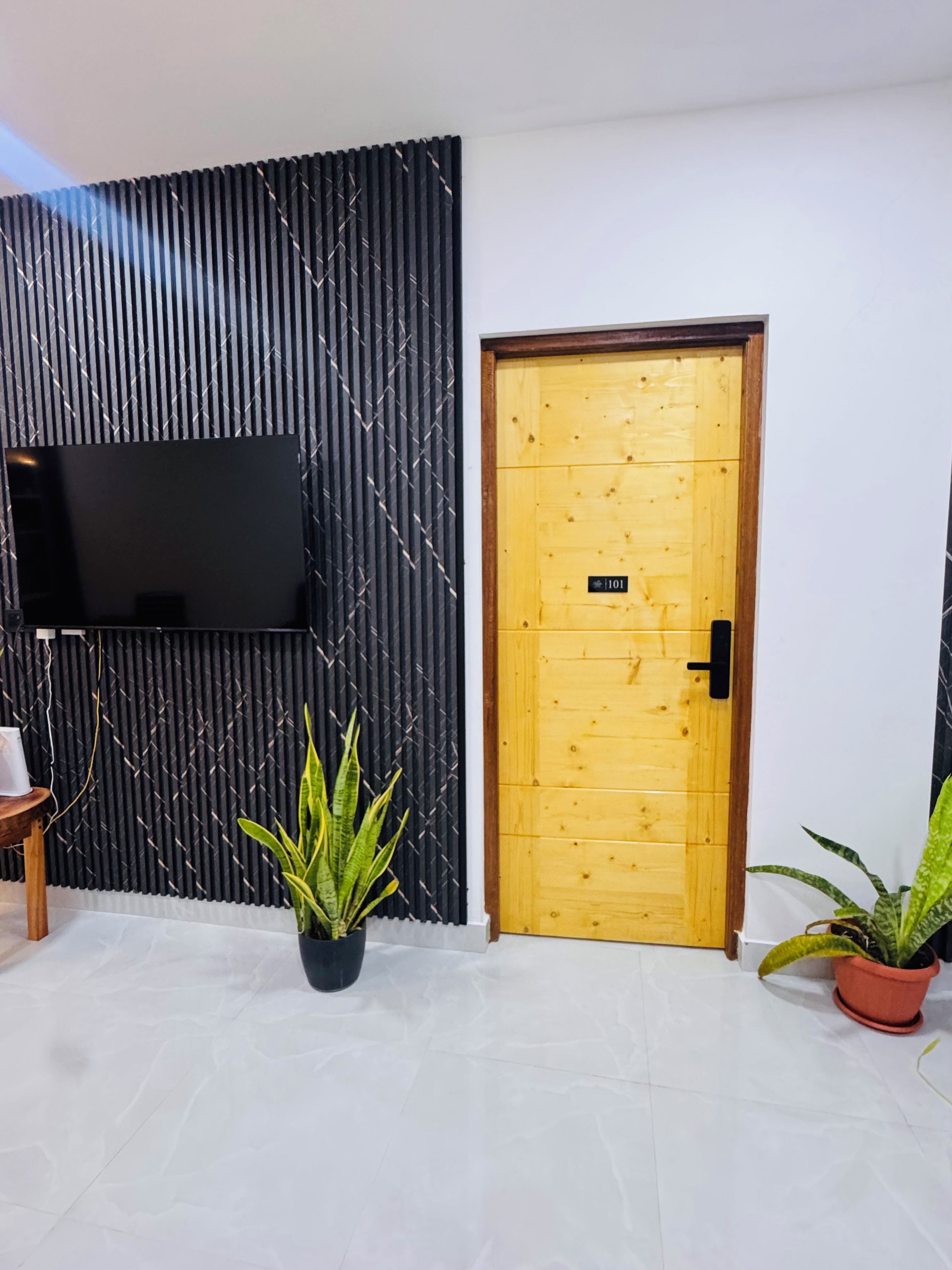 Quarto com parede revestida de painel acústico preto, porta de madeira com uma placa e duas plantas em vasos.