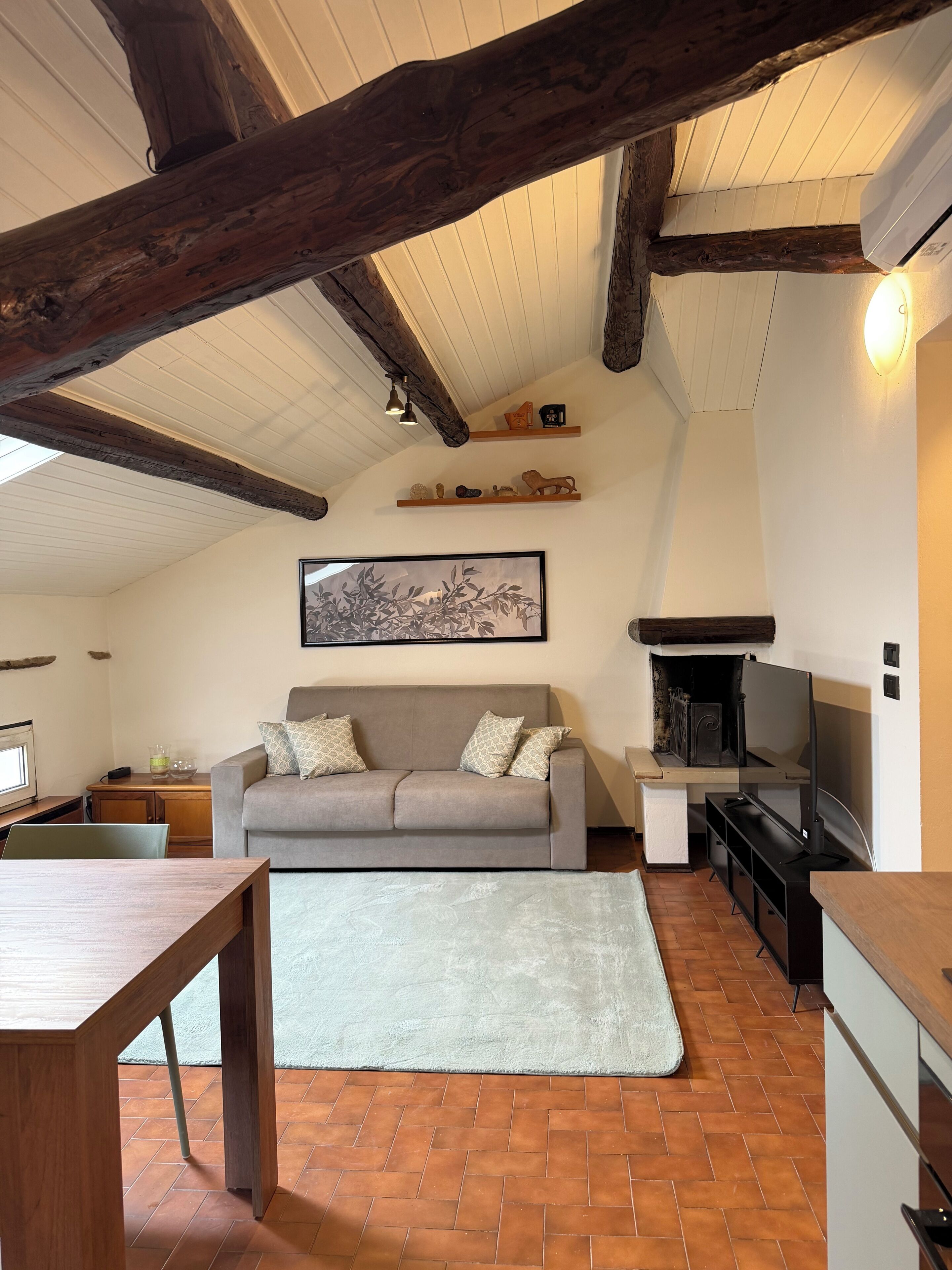 A cozy living area with a sofa, a TV, and a fireplace.
