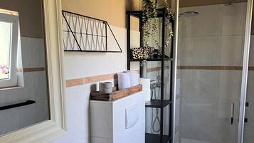 Dusche, Haartrockner, Handtücher, Seife