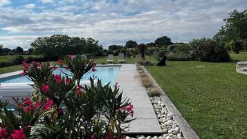 Une piscine bordée de pierres, entourée d’une pelouse et de différentes plantes.
