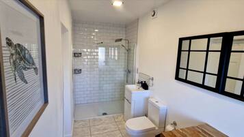 Shower, hair dryer, towels, toilet paper