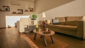 A living room with a sofa, armchair, coffee table, and decorative items. - Quinta da Corujeira (Vila Real)