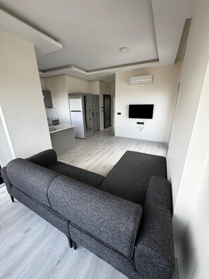 Ein modernes Wohnzimmer mit grauem Sofa, einem flachbildfernseher an der Wand und einer Küchenzeile im Hintergrund.