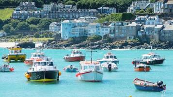 A coastal town with numerous boats docked in the water, buildings with light blue facades, and a rocky shoreline.