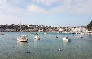Un port bordé de bateaux et d’immeubles le long de la rive.